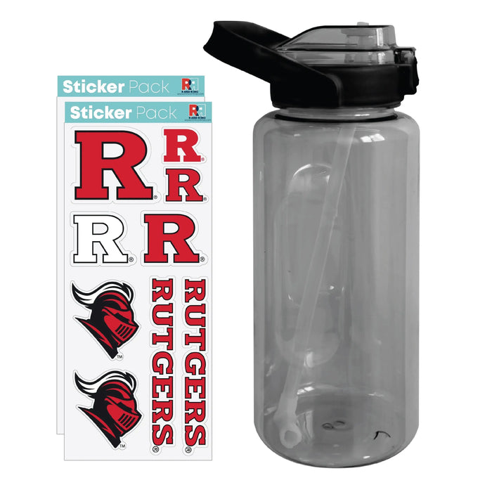 64 oz Large Water Bottle with Rutgers Scarlet Knights Waterproof Stickers, Screw-on Top and Straw Officially Licensed Product R & R INC.