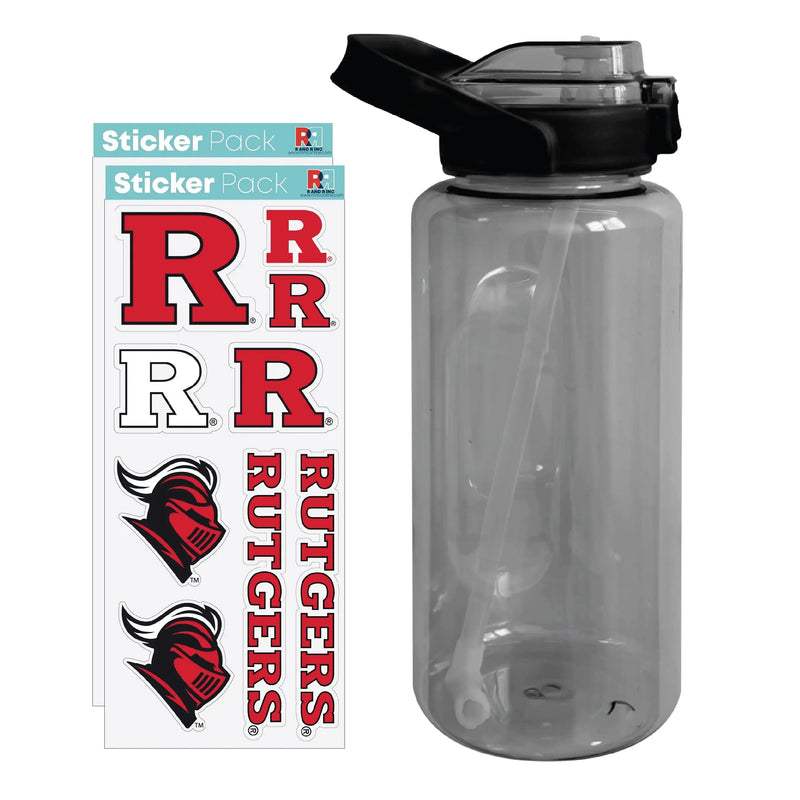 64 oz Large Water Bottle with Rutgers Scarlet Knights Waterproof Stickers, Screw-on Top and Straw Officially Licensed Product R & R INC.