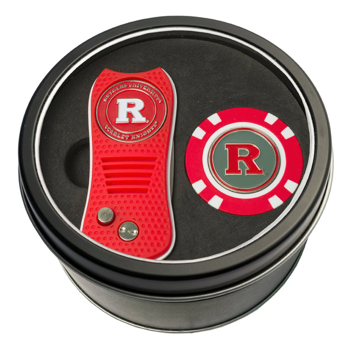 Rutgers Switchblade Divot Tool + Golf Chip Tin Gift Set