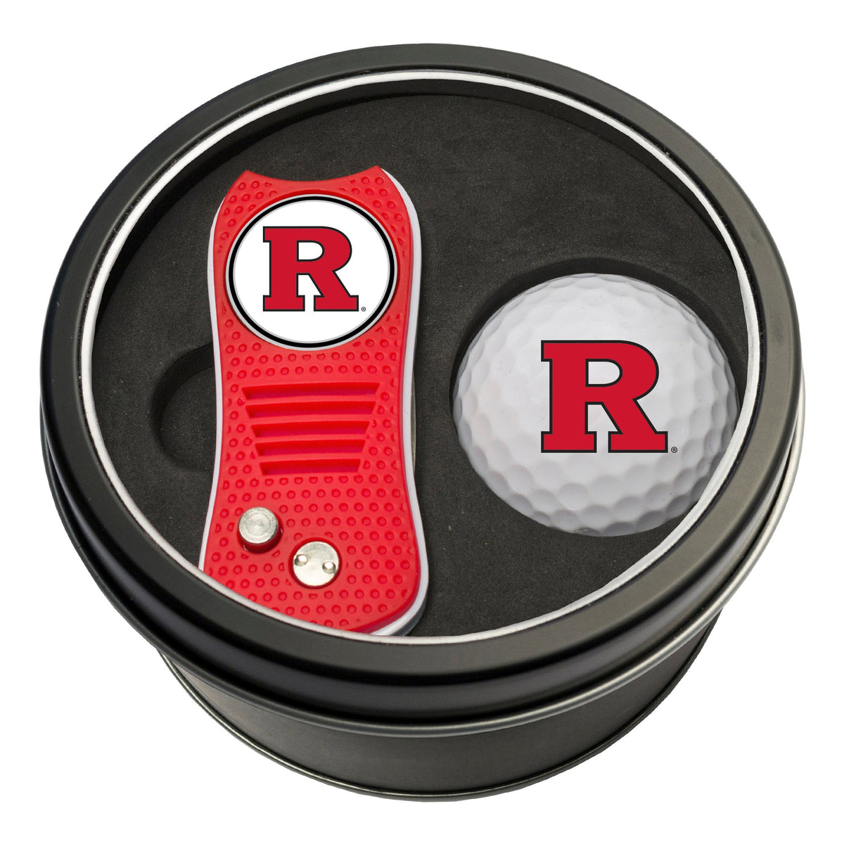 Rutgers Switchblade Divot Tool + Golf Ball Tin Gift Set