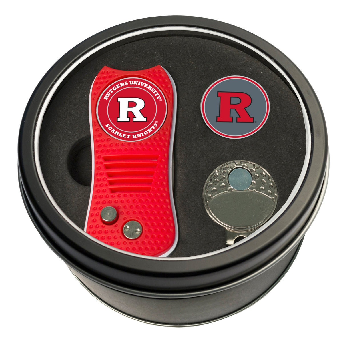 Rutgers Switchblade Divot Tool + Cap Clip + Ball Marker Tin Gift Set