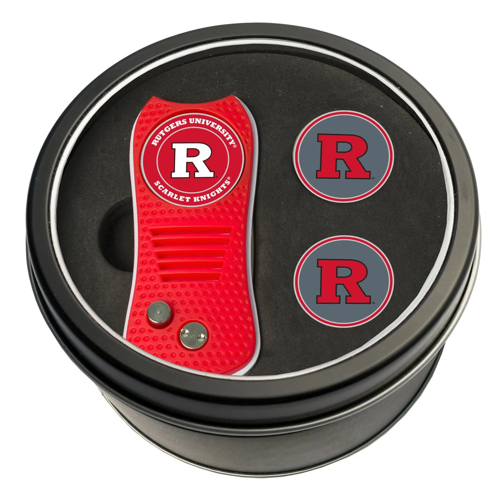 Rutgers Switchblade Divot Tool + 2 Ball Marker Tin Gift Set Team Golf