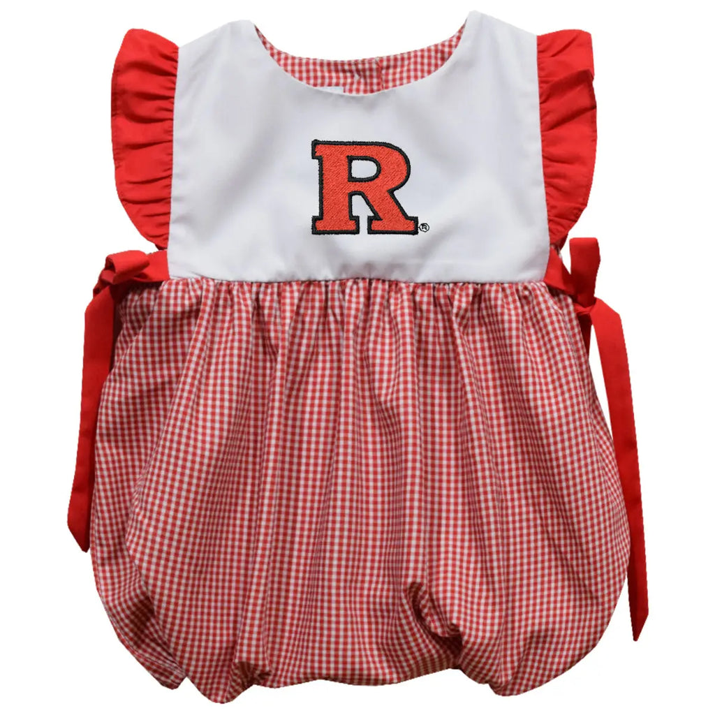 Rutgers State University Scarlet Knights Embroidered Cardinal Red Gingham Girls Bubble Vive La Fête - Online Apparel Store