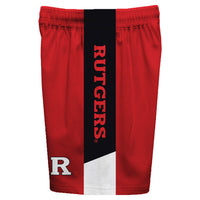 Rutgers Scarlet Knights Vive La Fete Game Day Red Stripes Boys Solid Black Athletic Mesh Short