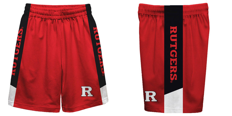 Rutgers Scarlet Knights Vive La Fete Game Day Red Stripes Boys Solid Black Athletic Mesh Short