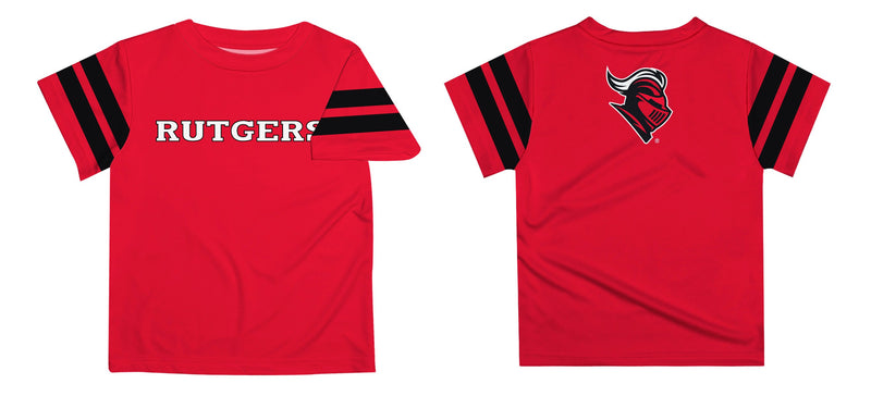 Rutgers State University Scarlet Knights Vive La Fete Boys Game Day Red Short Sleeve Tee with Stripes on Sleeves