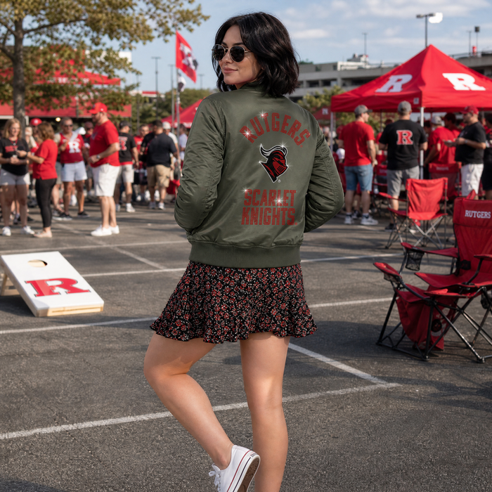 Rutgers University Scarlet Knights Knight Head Army Green Bomber Jacket  Bomber