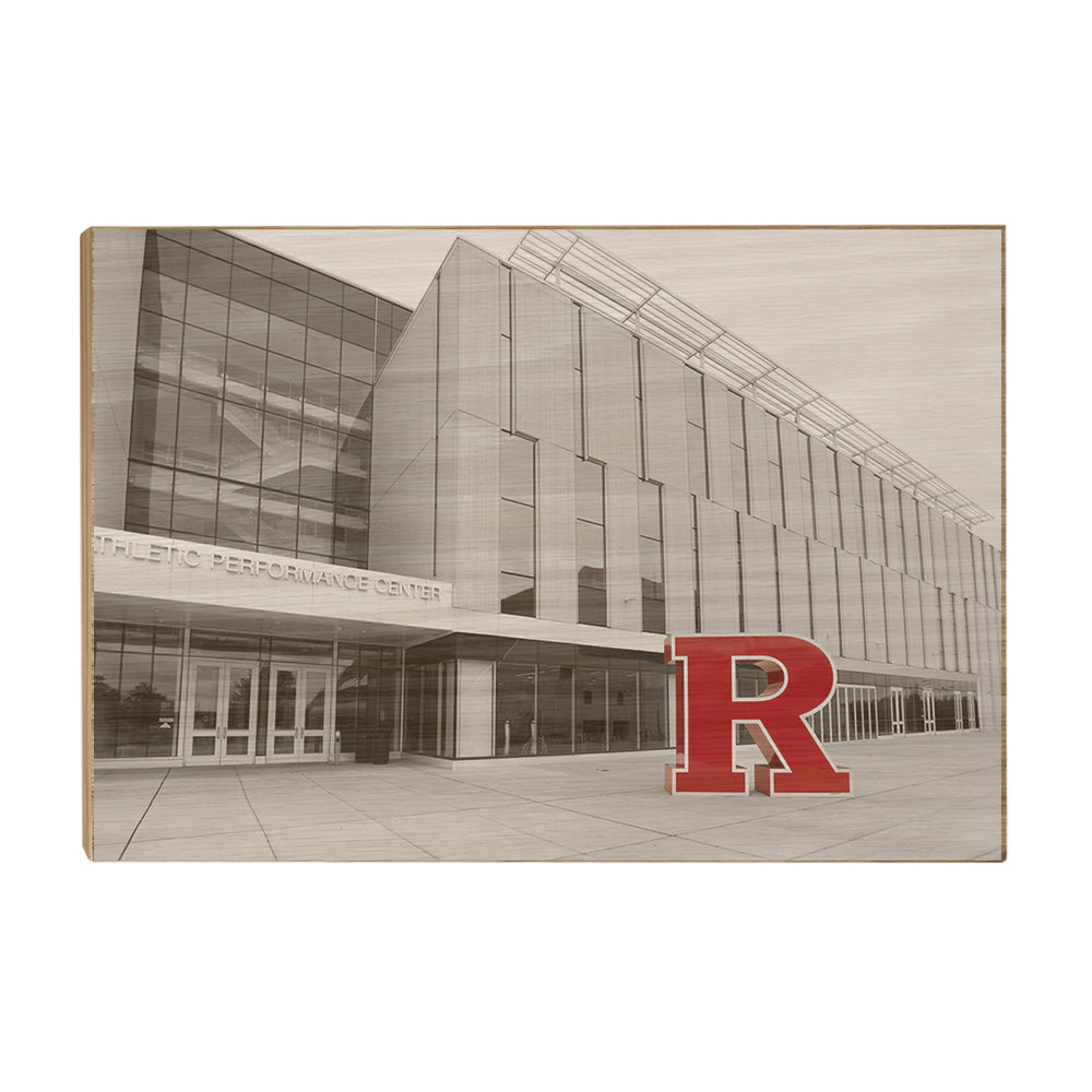 Rutgers Scarlet Knights - Athletic Performance Center B&W with Scarlet R