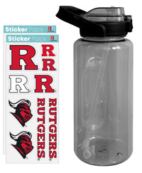 64 oz Large Water Bottle with Rutgers Scarlet Knights Waterproof Stickers, Screw-on Top and Straw Officially Licensed Product  Drinkware