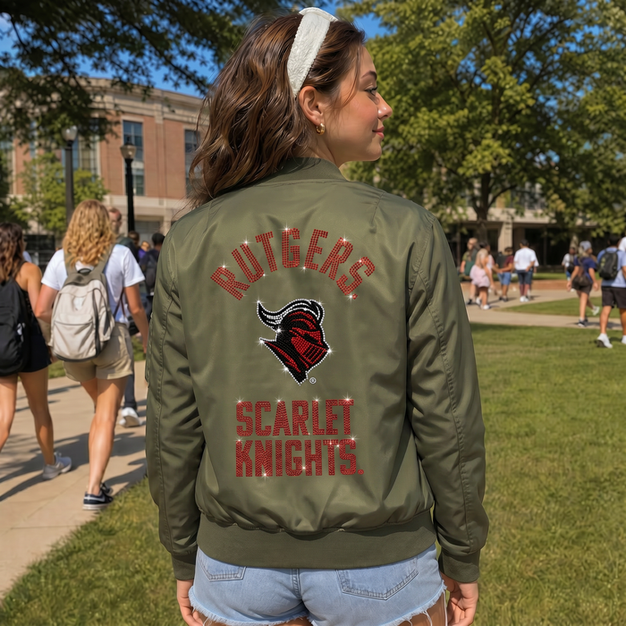 Rutgers University Scarlet Knights Knight Head Army Green Bomber Jacket  Bomber