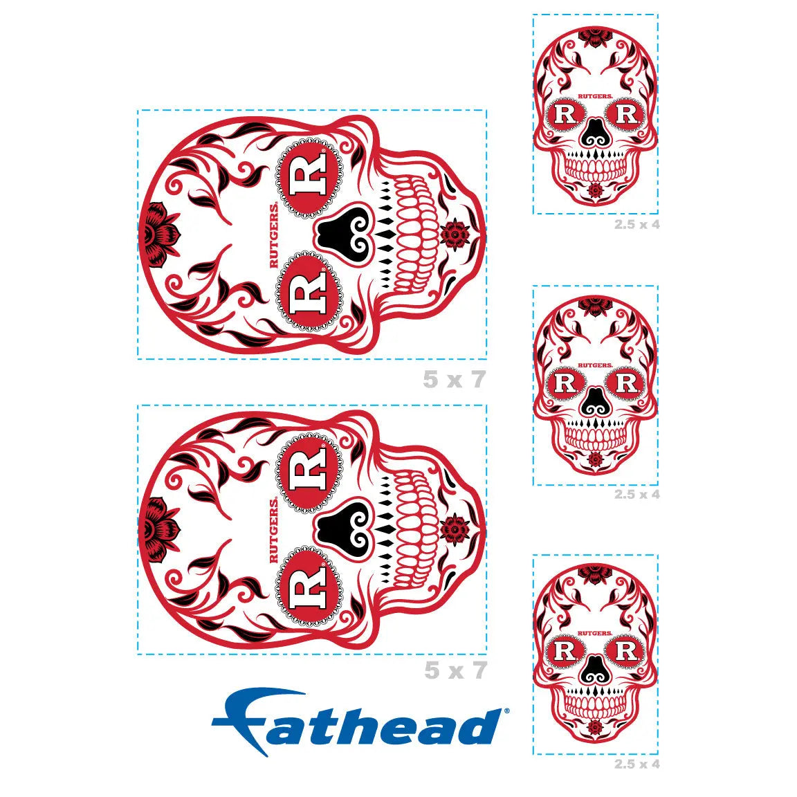Rutgers Scarlet Knights - 5 Sugar Skull Logo Minis (Mixed Sizes) - Official NCAA - Reusable Vinyl Decals Fathead